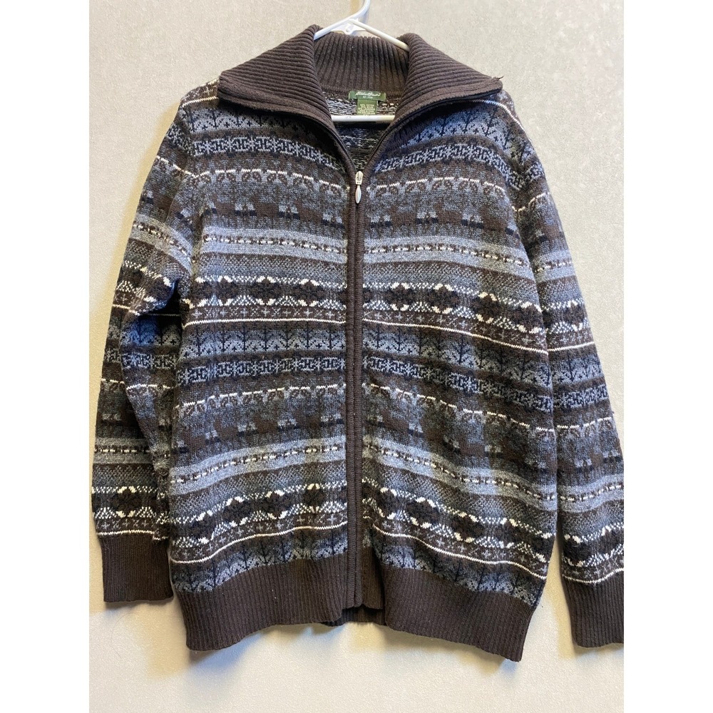 Eddie Bauer Mens XXL Fair Isle Full Zip Cardigan Sweater Brown Lambswool Blend - Picture 1 of 9